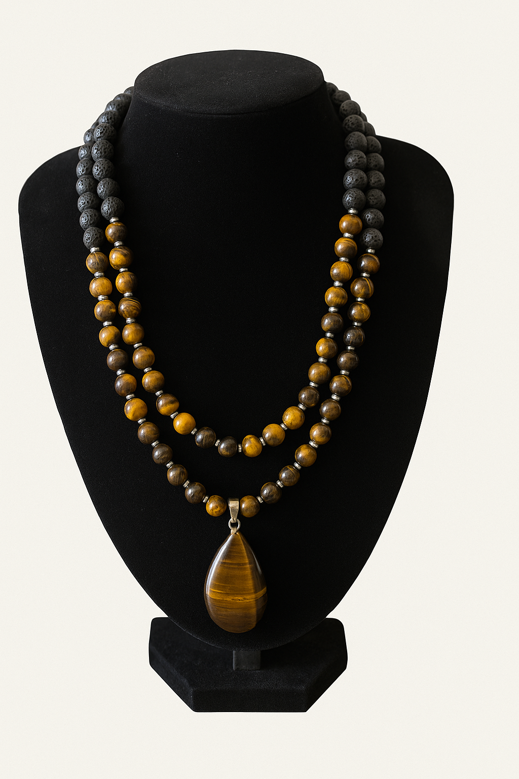 Protection and Strength Necklace - Tiger's Eye, Lava Stone & Sterling Silver